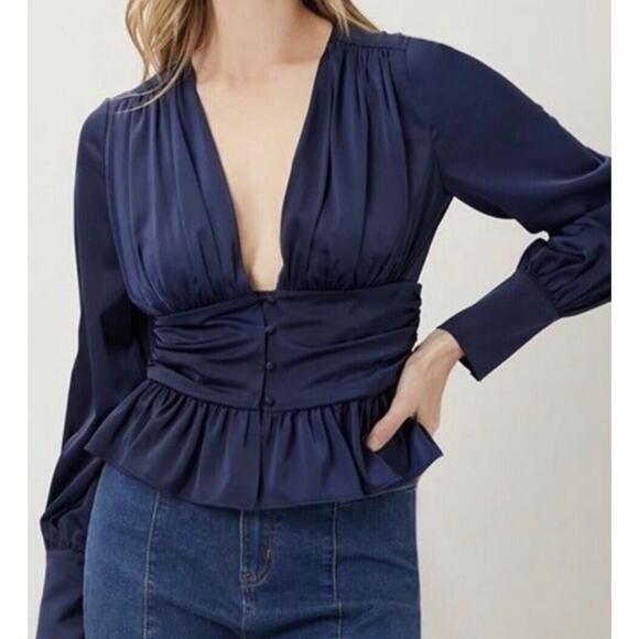 Jason Wu Tops - Jason Wu Navy Satin V Neck Front Button Babydoll Top Long Sleeve Elegant M